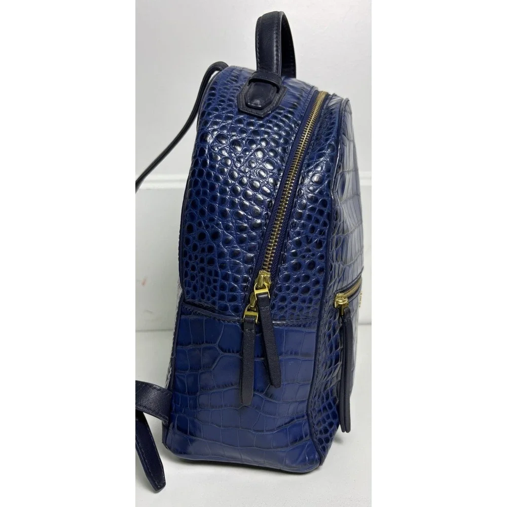 Tory Burch Navy Blue Croc Embossed Leather Backpack City Shoulder Bag Old Money